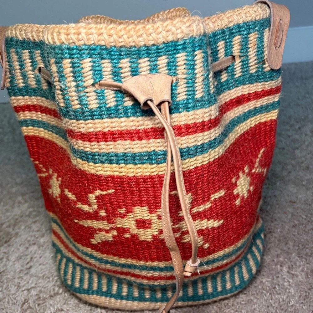 Vintage Southwestern Woven Wool Bucket Bag Boho Red Teal Geometric Crossbody